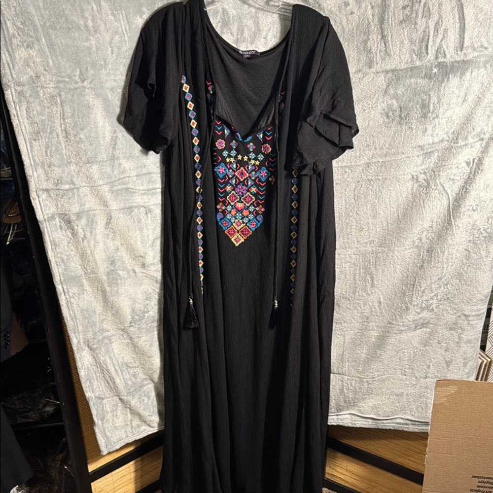 Roamans Black Crinkle Gauze Embroidered Tassel Maxi‎ Dress Plus 18/20 L Boho
